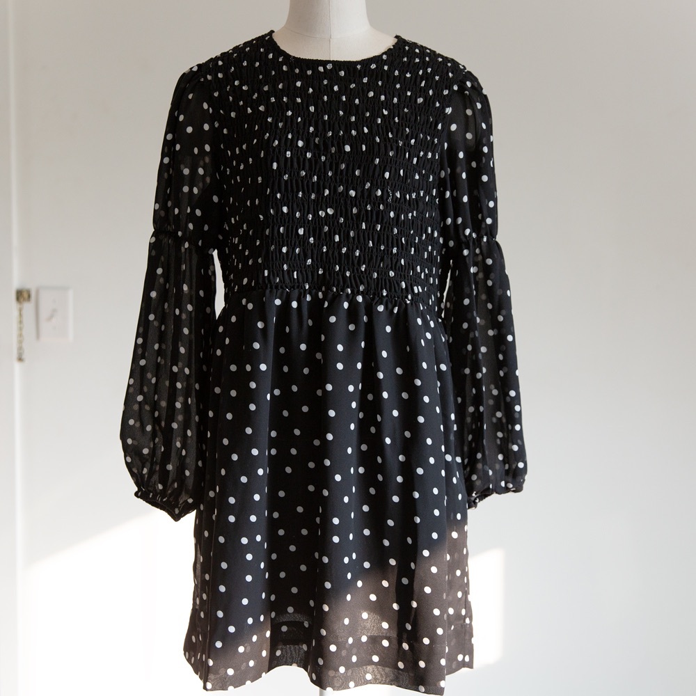 Ganni Smocked Polka Dot Mini Dress (size 8)